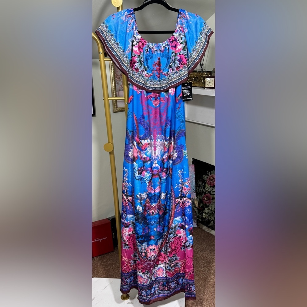 NWT Boston Proper Embellished Blue w/Pink Floral Maxi Dress w/Belt Camilla Vibe - Picture 3 of 16